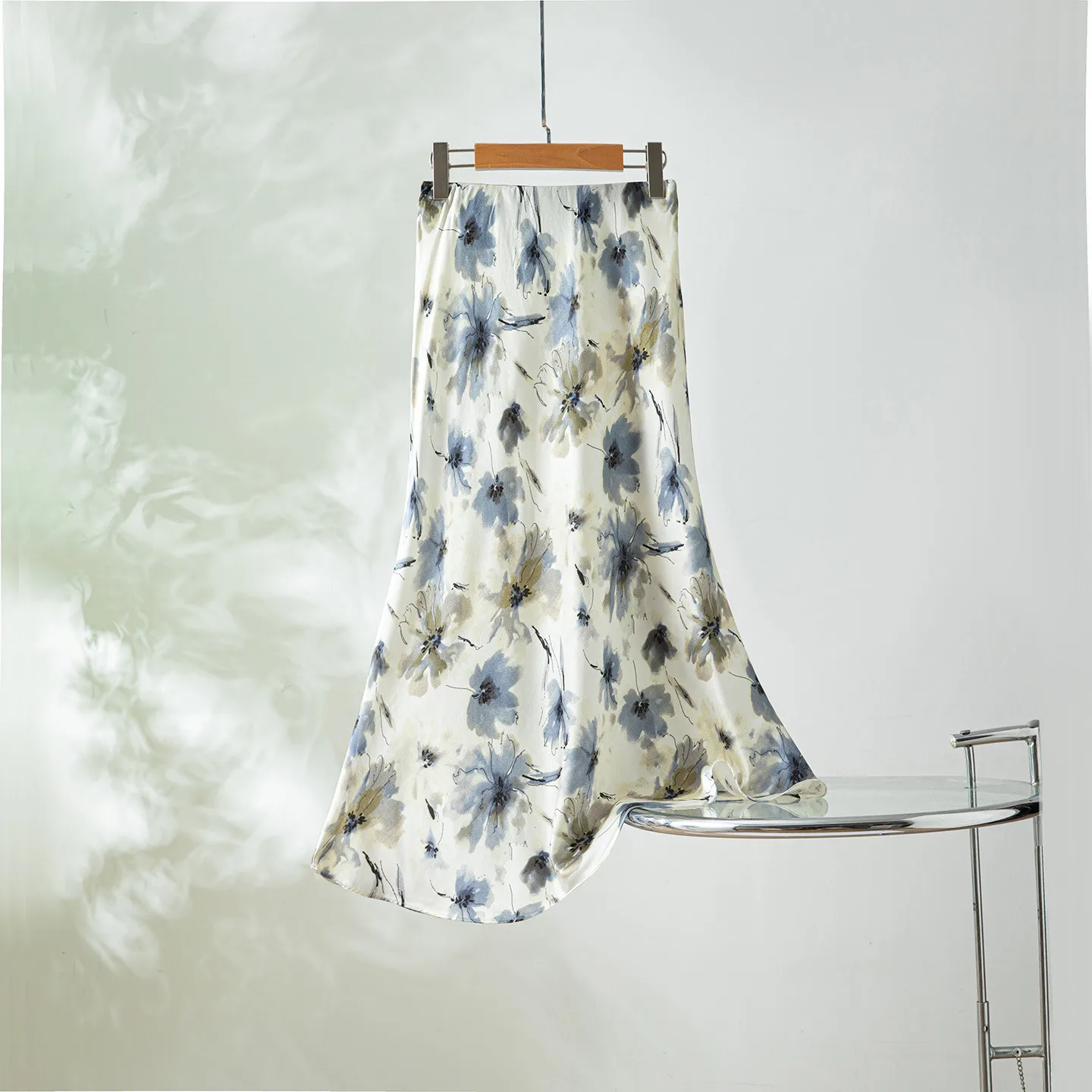 Winsleter-93%Silk 7%Spandex Elegant Skirts, Elastic Waist Floral Print, Women Temperament Trumpet Skirt, 2026 Summer B66941CC