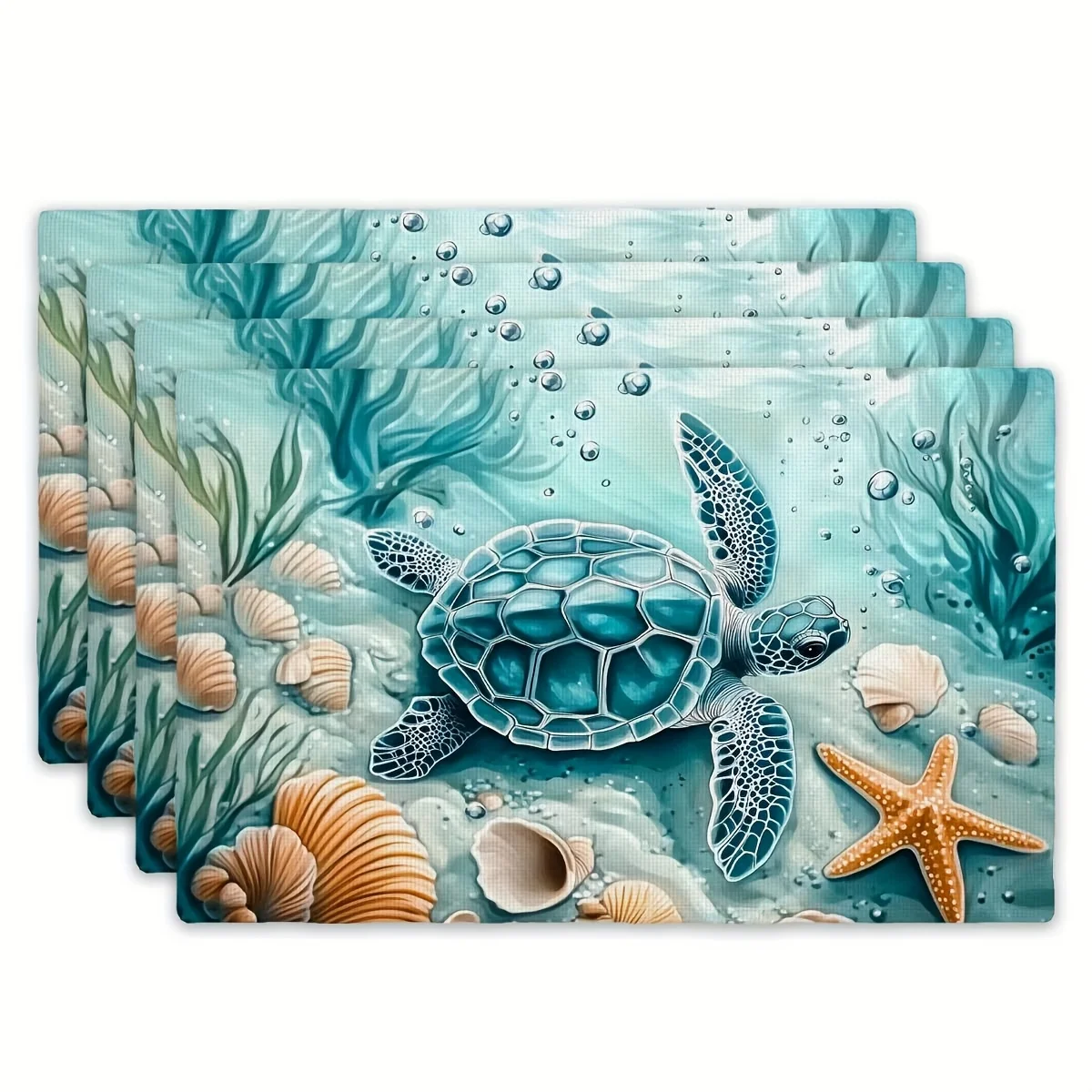 4pcs Sea Turtle Placemat Set Linen Ocean Theme Table Mat Beach Decor Kitchen Dining Accessories