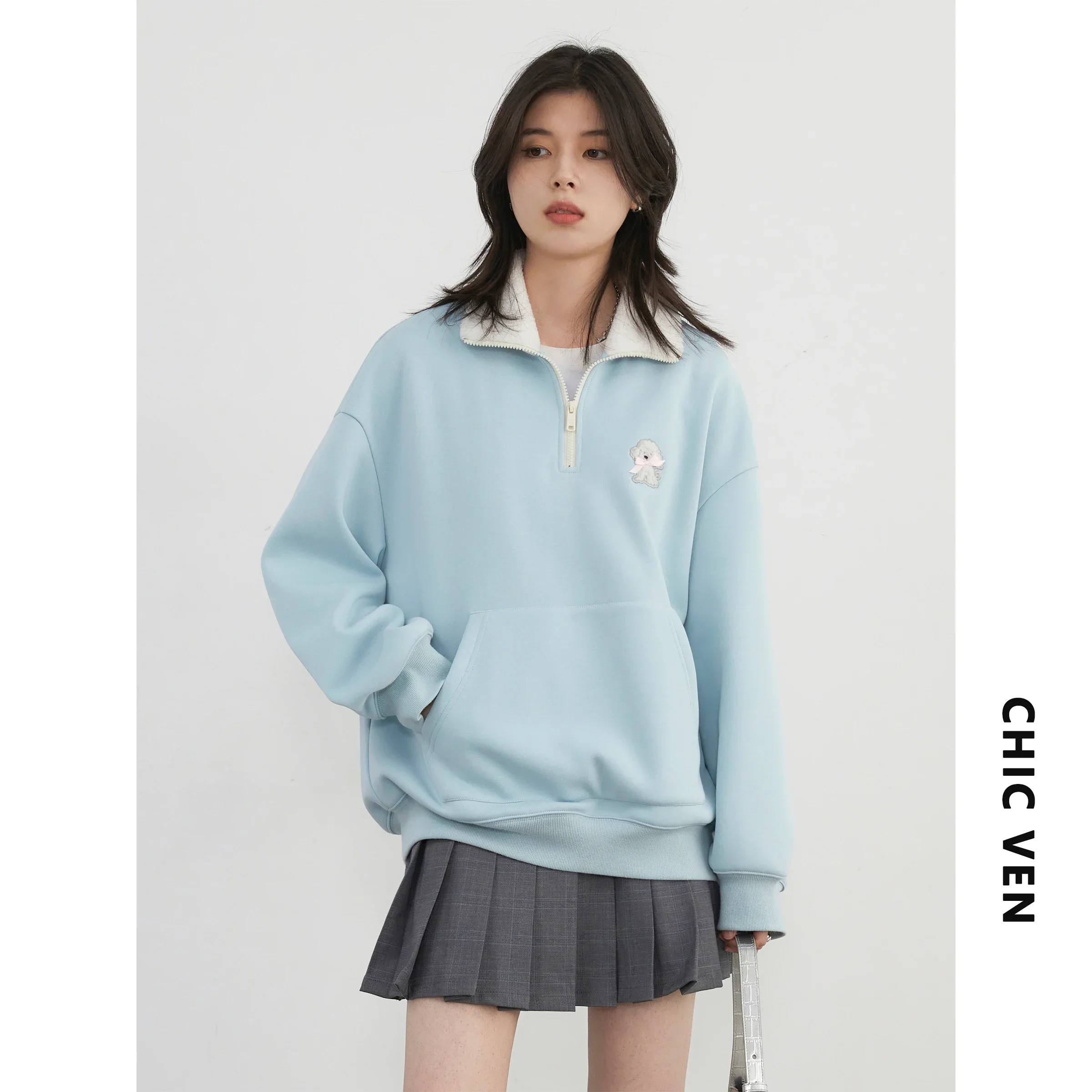 CHIC VEN Korean Women Sweatshirts Loose Stand Up Collar Plush Pullover Cartoon Embroidery Hoodie Fleece Female Top Autumn Winter