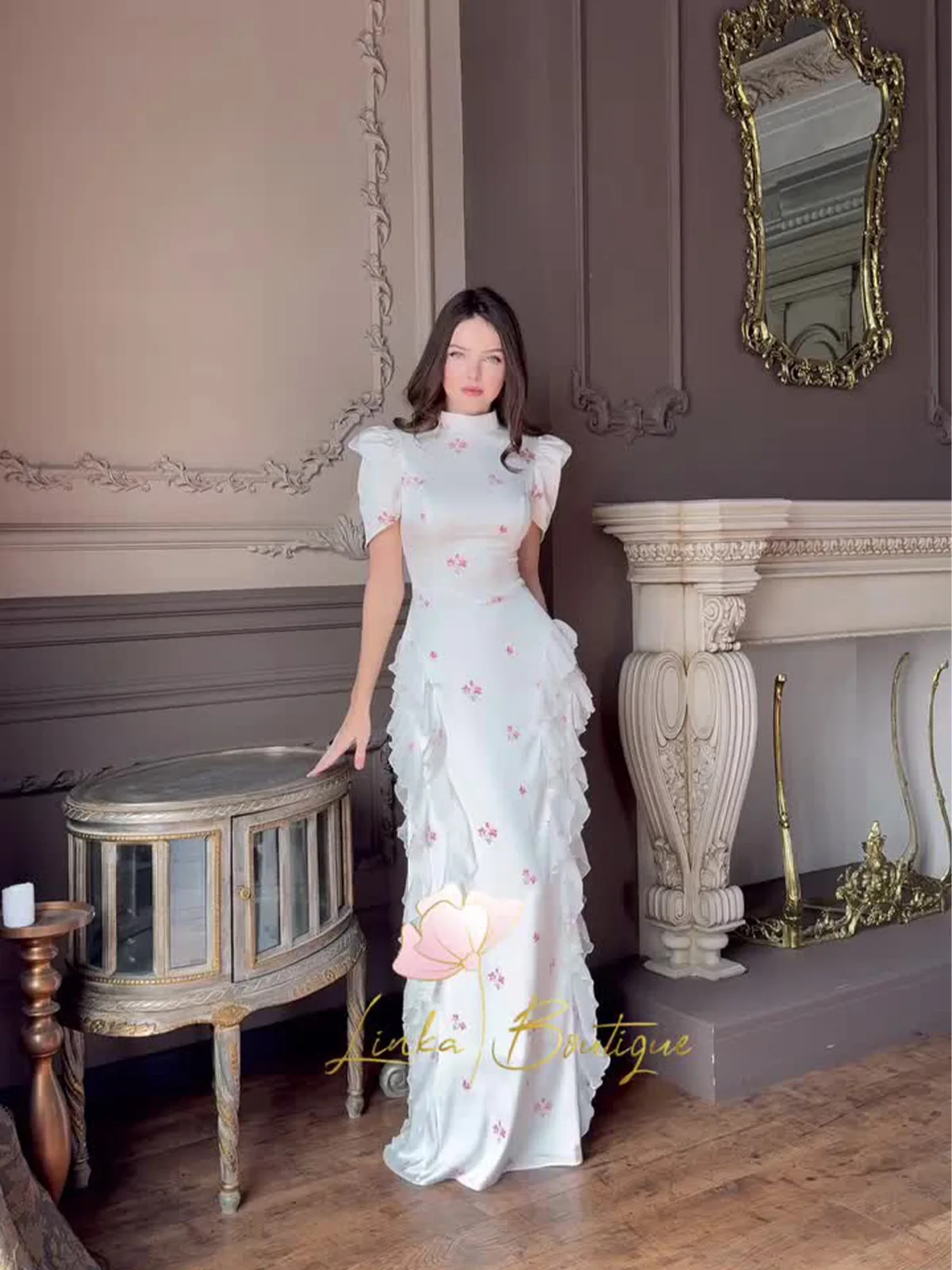 Langes Kleid für Damen, Partykleider, Blumendruck, kurze Ärmel, Schnürung, Falten, Rüschen, Vestidos, weiblich, 2025, Sommer-Maxikleid, A-Linie