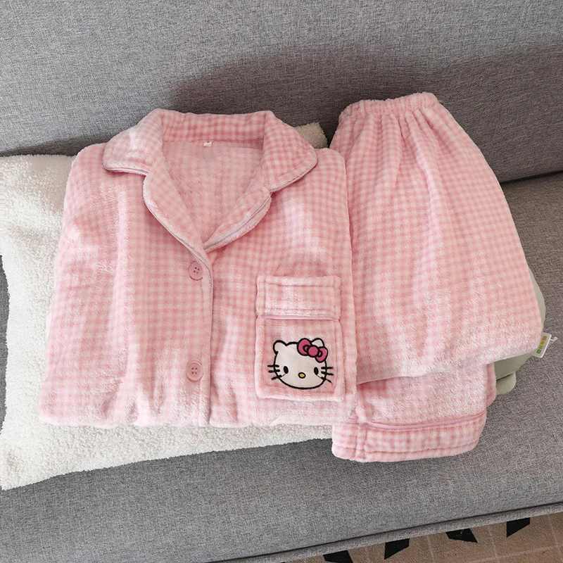 Sanrio Hello Kitty Winter Pajamas Suit for Woman Y2K Pom Pom Purin Warm Clothes Woman Winter Clothes Warm Flannel Thick Pyjamas