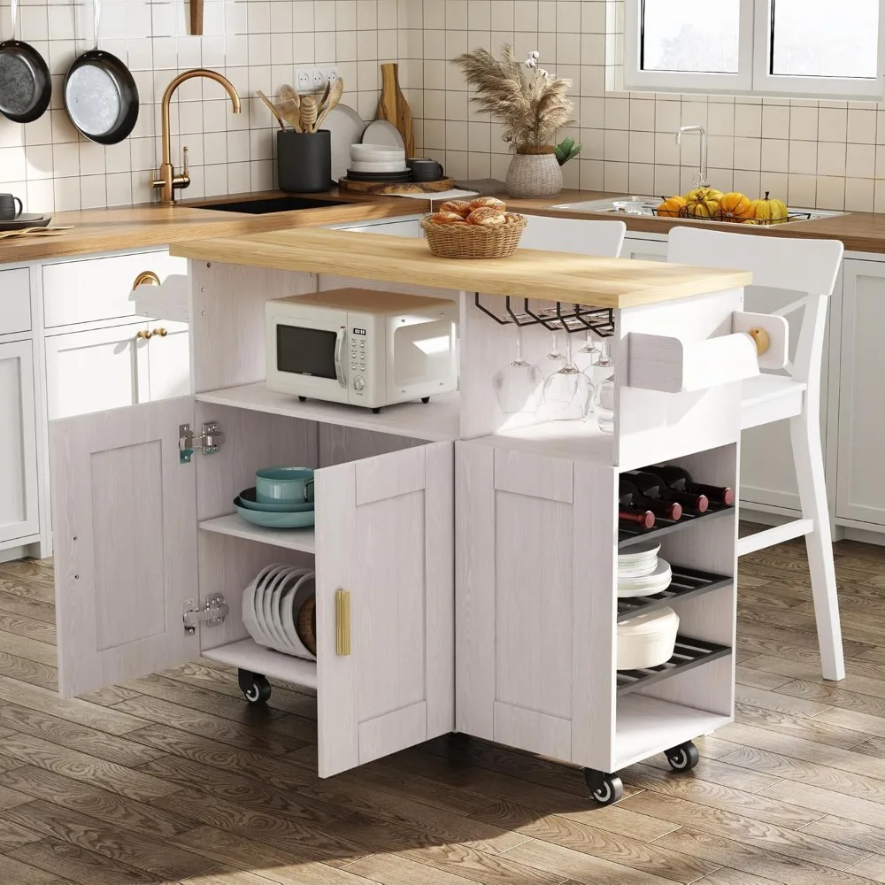 Rolling Mobile Kitchen Island Cart Bar, Island Table Storage with 5 Wheels, Rolling Kitchen Cabinet with Power Socket and Towel