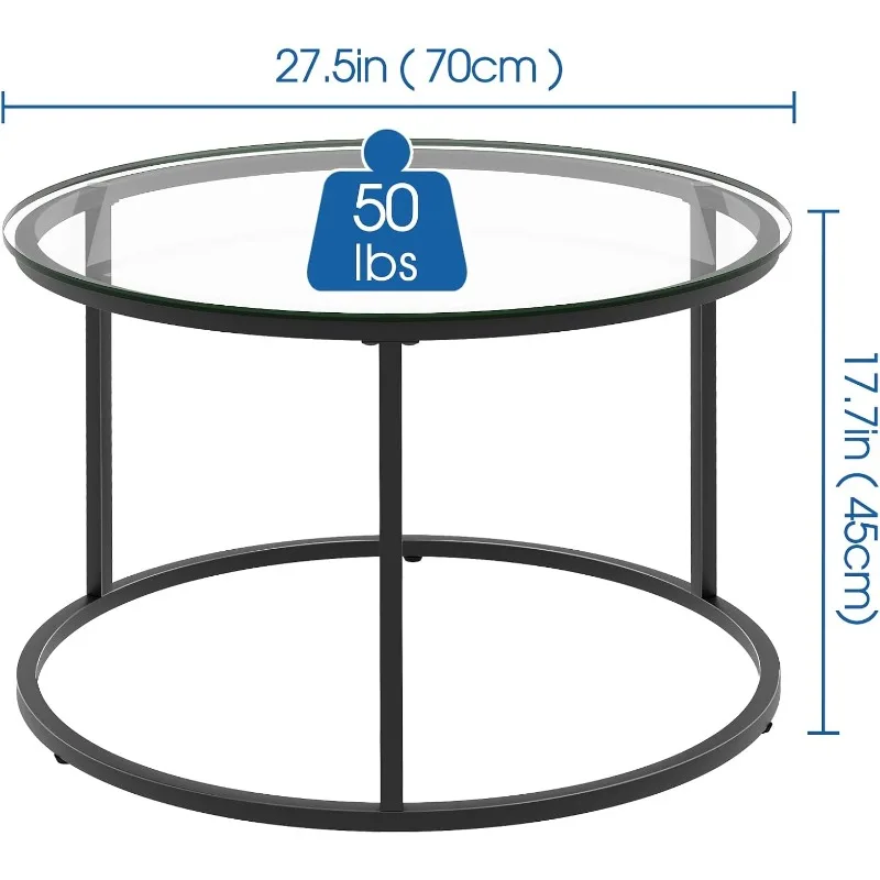 Стеклянный журнальный столик, круглый стол для гостиной, современный простой центральный стол с прочным черным металлическим каркасом для небольшого пространства