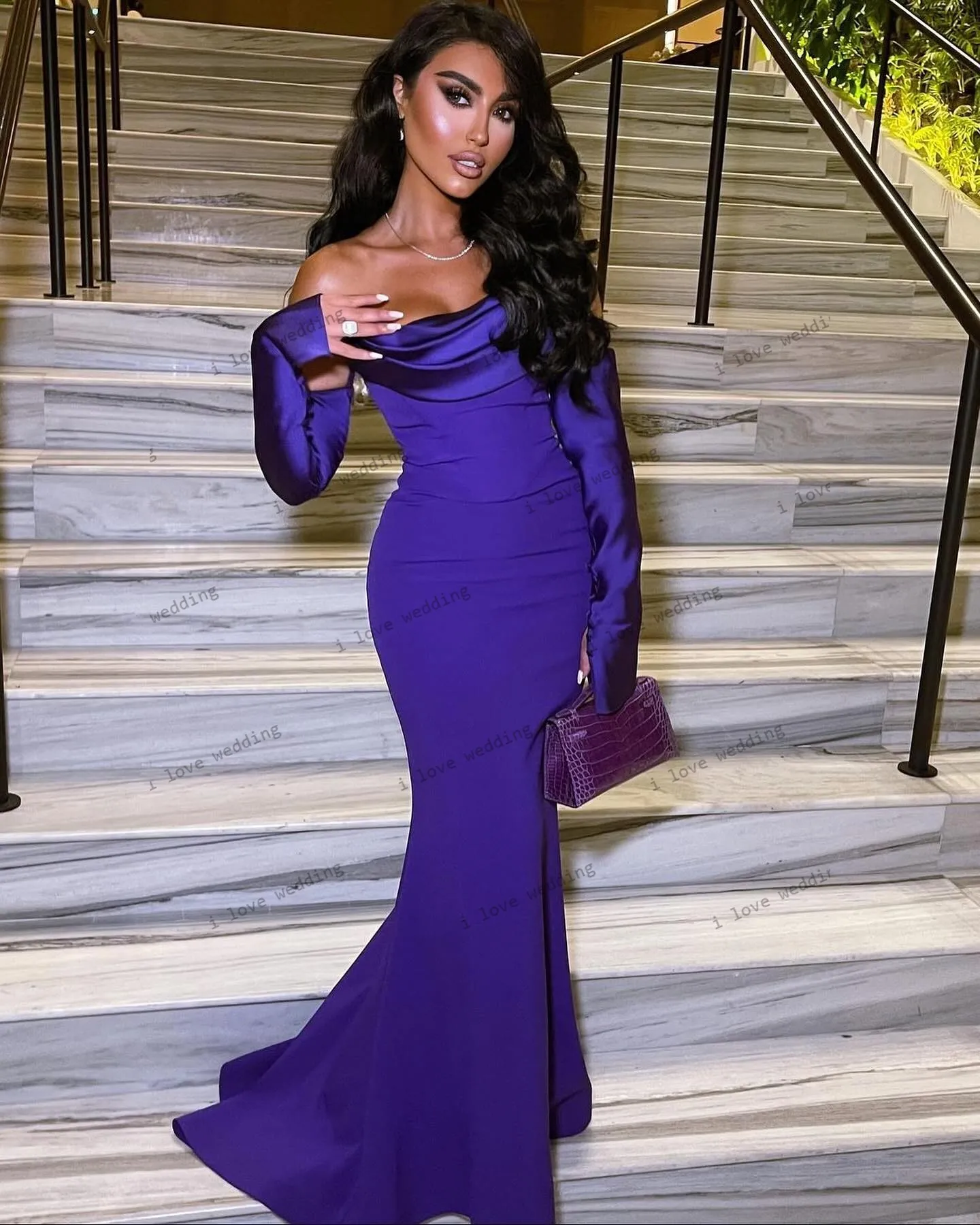 Sukienka na studniówkę 2025 Bluish Violet Sukienka ślubna Boat Neck Satin Off The Shoulder Long Sleeve Mermaid Elegant Ruched Customized