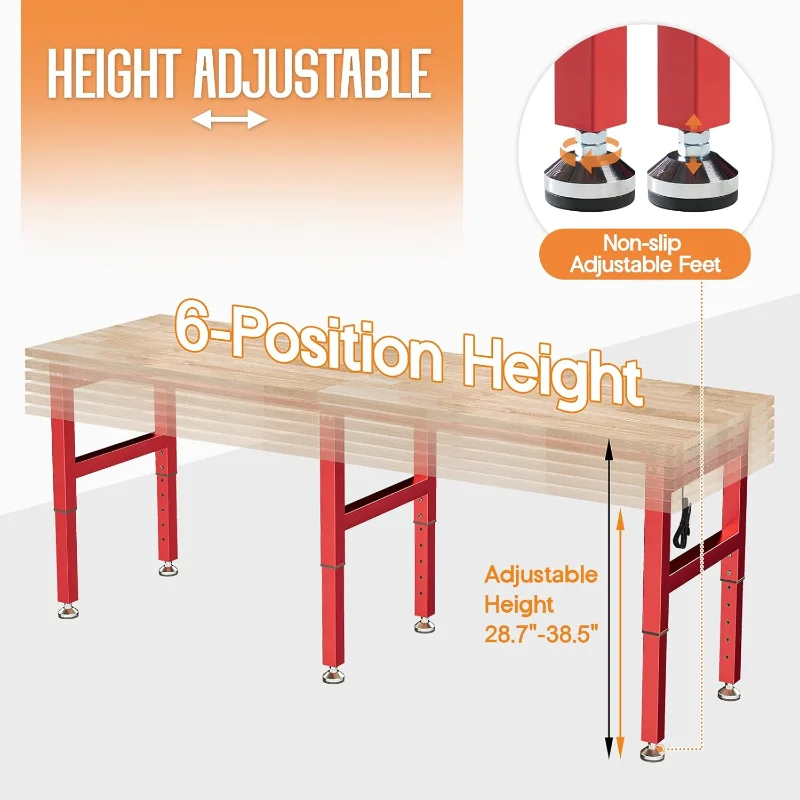 84" Red Adjustable Heavy Duty Workbench with 4 AC Outlet and 2 USB Ports Power Outlets, 5000 Lbs Capacity, Rubber Wood Top