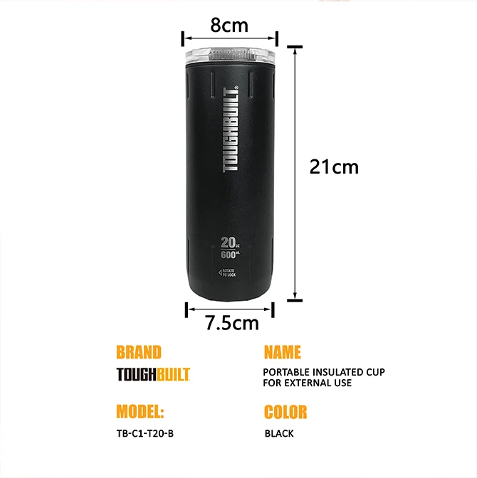 TOUGHBUILT Isolierbecher ohne Becherhalter, 304 Edelstahl Lebensmittelqualität Vakuum-Eisbecher mit Schiebedeckel TB-C1-T20-B – Detail 4