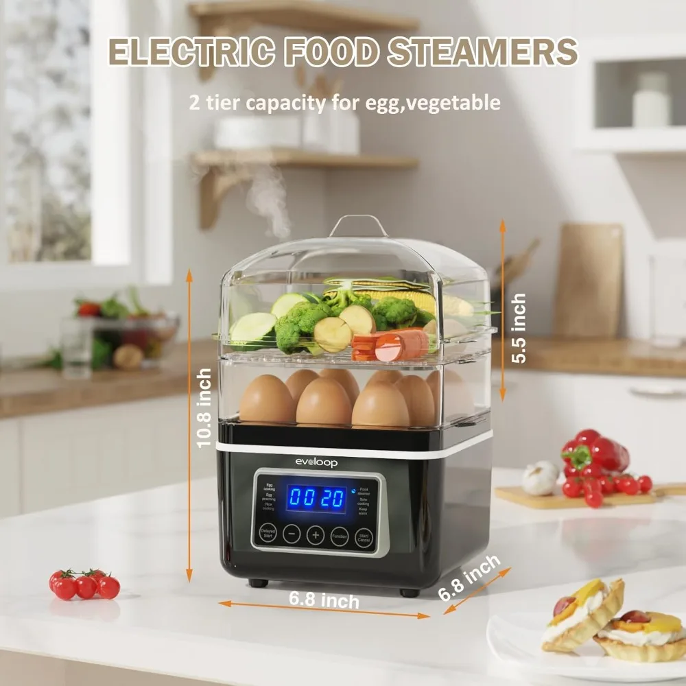 Cuiseur vapeur électrique à 2 niveaux pour la cuisson, cuiseur vapeur multi-légumes numérique 4 QT avec paniers empilables sans BPA, cuiseur à œufs rapide