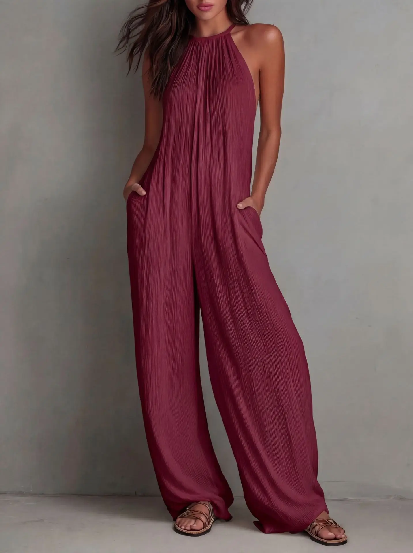

Women's Solid Color Jumpsuit Halter Neck Sleeveless Wide Leg Side Pockets Jumpsuit Casual Loose Fit Summer Beach Romper