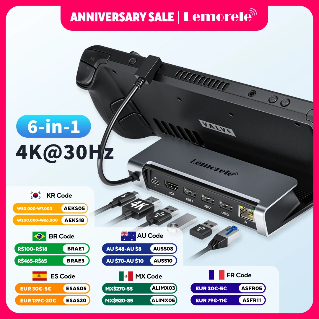 

Док-станция Lemorele 6 в 1 USB C для Steam Deck HDMI 4K30Hz RJ45 1000M PD 100 Вт, док-переключатель для проектора, ПК, ТВ, USB C HUB