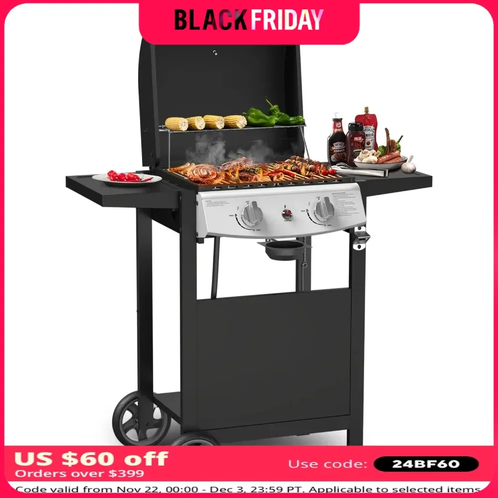 Barbecue Grill with 2-Burner,325 Sq.in. Barbecue Cooking with Top Cover Lid,Wheels,Side Storage Shelves, BBQ Grills