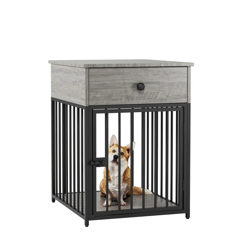 Dog Crate Furniture Dog House Decorative Dog Kennel with Drawer Indoor Pet Crate End Table for Small Dog Iron-Tube Dog Cage