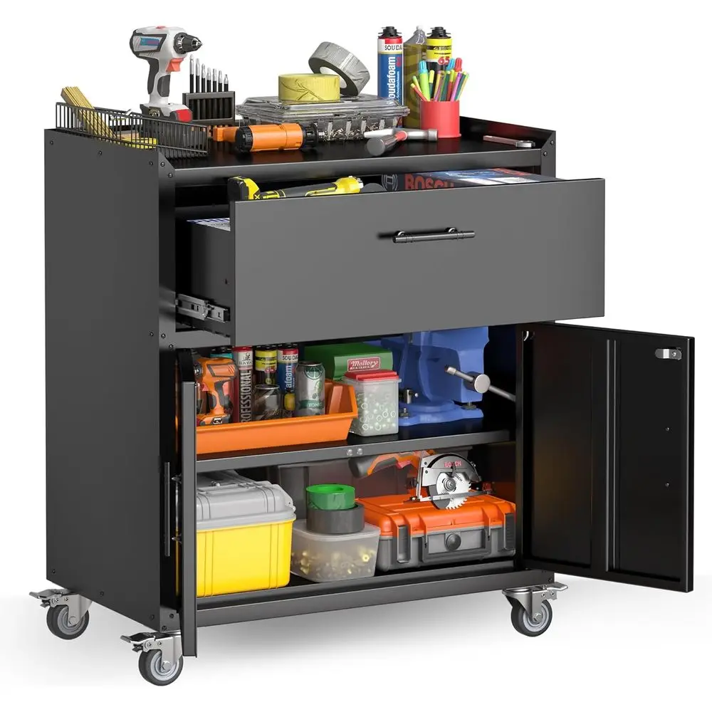 

Metal Storage Cabinet with Wheels, 1 Drawer 2 Locking Doors Rolling Tool Chest for Garage, Office, Storeroom, Basement, Black