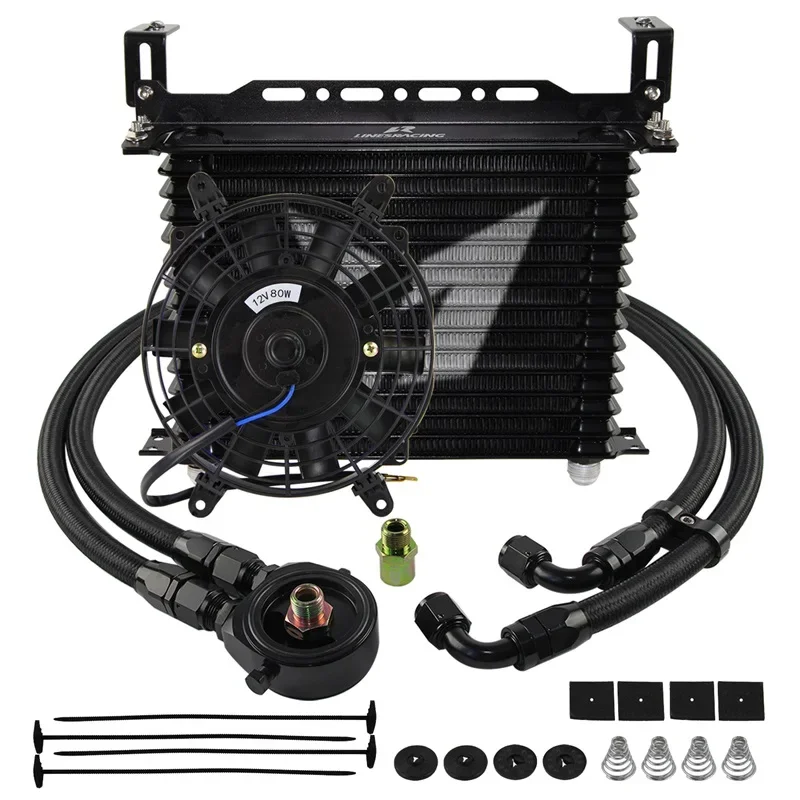 

AN10 Oil cooler 15 Row Trust w/Bracket+Filter Adapter Hose Kit +7" Electric Fan Kit 3/4"-16UNF&M20*1.5&1/8"NPT Black