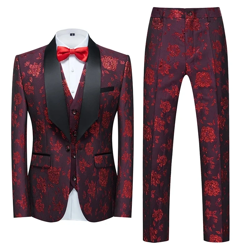 (Jacket+Vest+Pant) Men Business Casual Slim Fit Suits 3 Pieces Sets Fashion Flower Printed Tuxedo Wedding Formal Dress Blazers