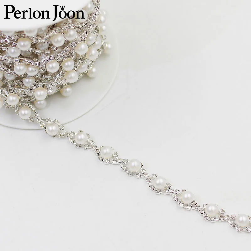 Two styles small pearl crystal Manual  rhinestones trim Ribbon metal chain  for dress, bag, shoes accessories ML006-007