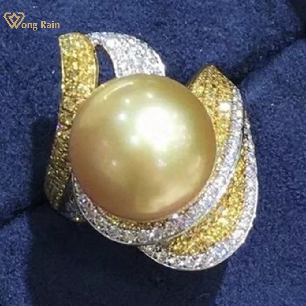 

Wong Rain Vintage 925 Sterling Silver 11-12MM Natural Gold Pearl High Carbon Diamond Gemstone Adjustable Ring Customized Jewelry