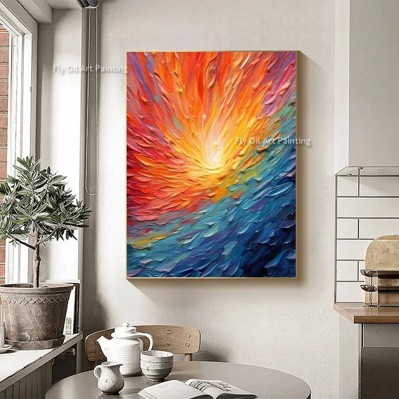 Bold Thick Impasto Canvas Painting, Fiery Radiant 3D Texture Handmade Palette Knife Artwork, Home Decor