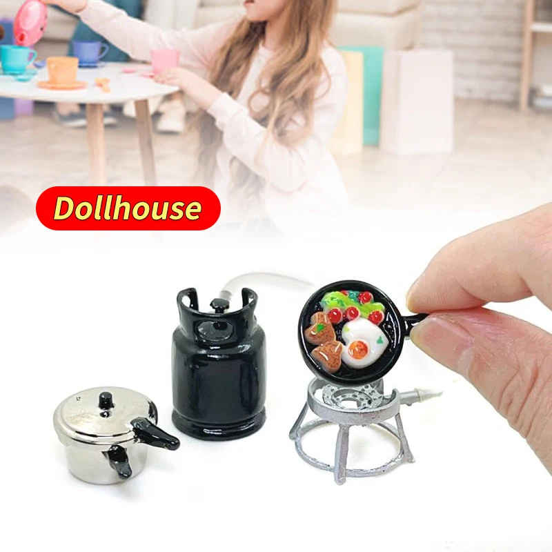 1/12 casa de bonecas conjunto de utensílios de cozinha mini fogão a gás ovo frito panela de pressão modelo casa de bonecas brinquedos de cozinha criança fingir jogar brinquedo