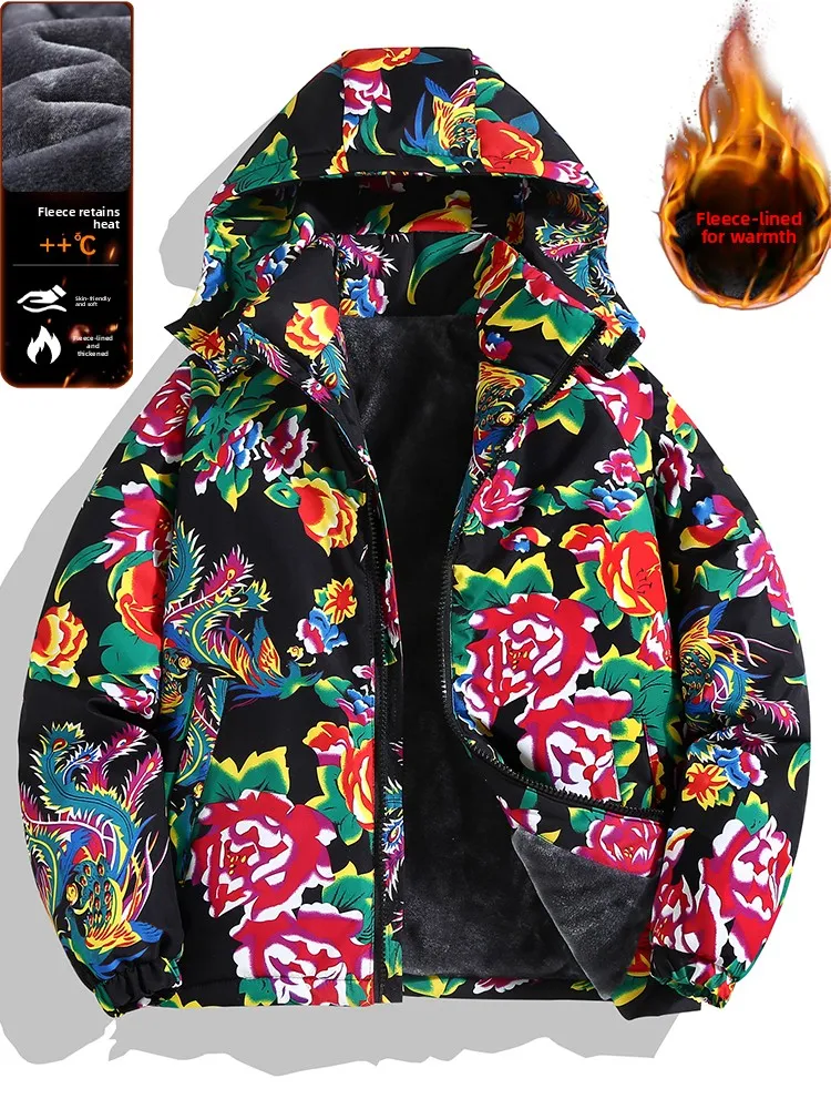 

Thiened Fce Autumn Winter New Sle Men Women Cotton Jaet Peony Pattern Casual Warm Long Sve Coat for Couples