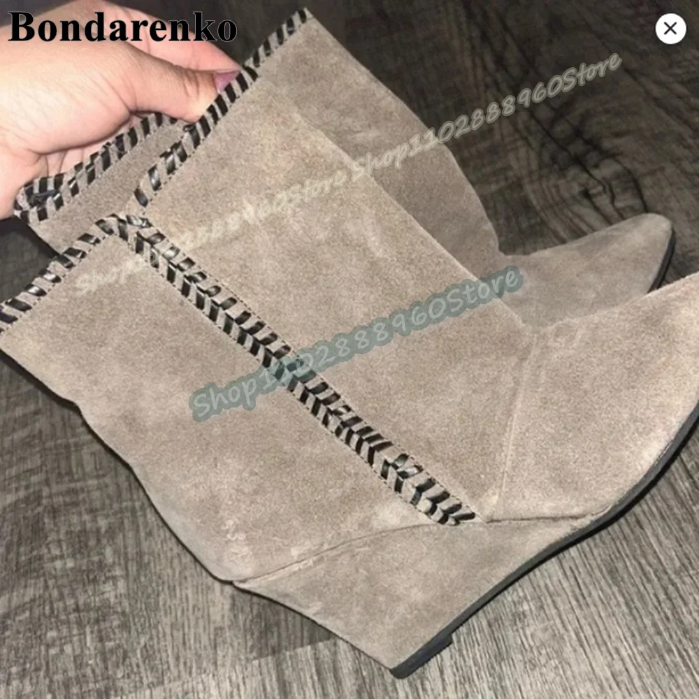

Plus Size Mid Calf Solid Flock Pointy Boots Wedges High Heel Women Shoes Slip On Pointed Toe Fashionable 2026 Zapatos Para Mujer