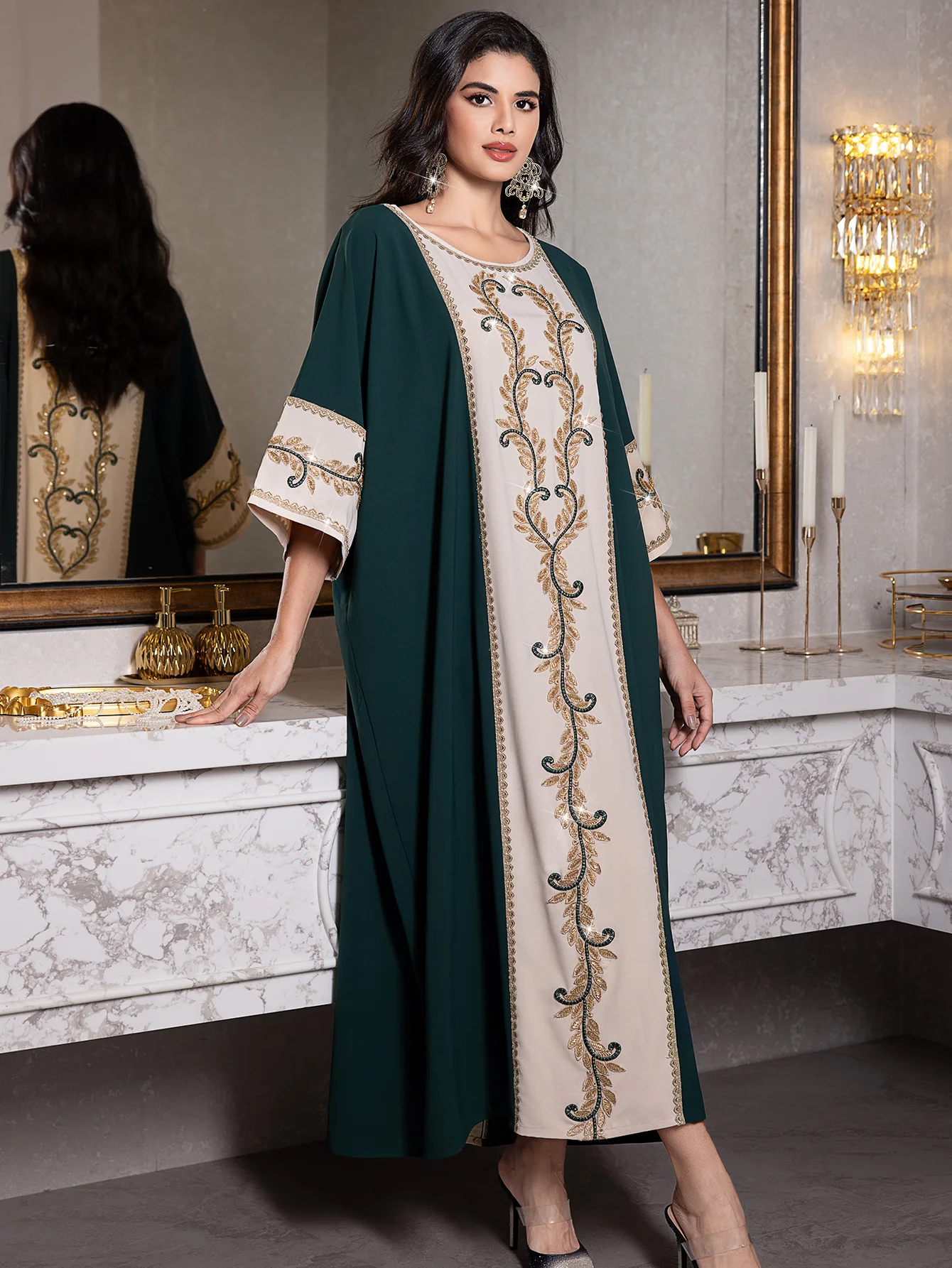 Ramadan Embroidered Dress for Muslim Female Large Robe Rice Bead Arab Moroccan Black Green Apricot Color Luxury Fashion Islamic