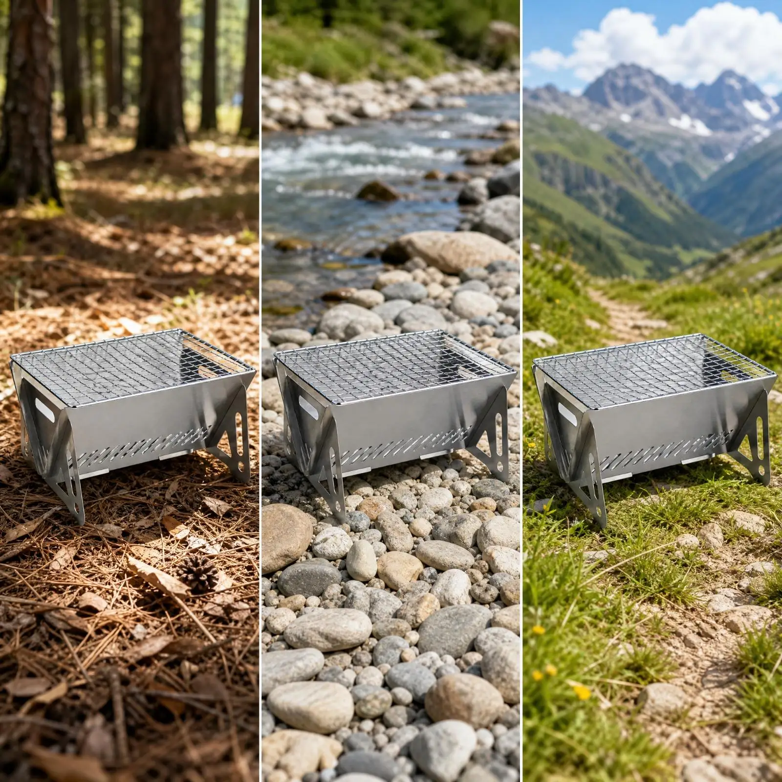 Compact Outdoor Briquette Grill with Removable Cooking Grate Lightweight Stainless Steel Folding Grill with Carrying Bag