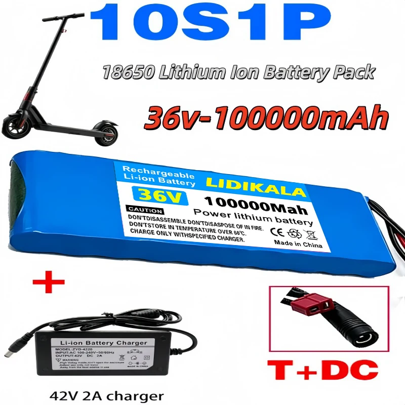 Pacco batteria agli ioni di litio 18650 da 36V 10S1P 100000mAh con BMS integrato e caricabatterie da 42V 2A per e-bike, scooter e biciclette elettriche da 36V