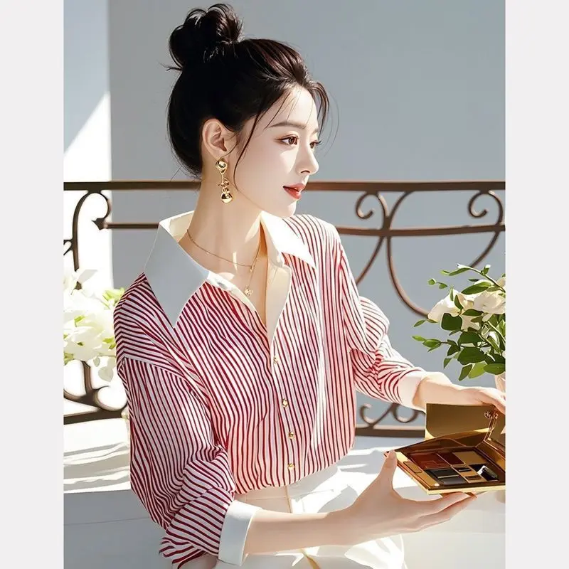 

Beautiful Red Striped Polo Shirts Spring Autumn New Long Sleeve Loose Youth All-match Fashion Blouse Sweet Korean Women Clothing