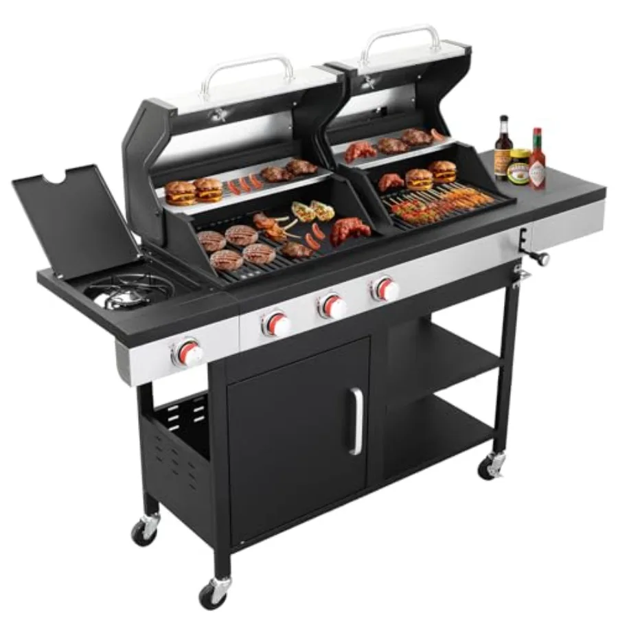 

3 Burner Propane Gas and Charcoal Grill Combo with Side Burner Dual Fuel BBQ Grill with Cast Iron Griddle 41 500 BTU Output in