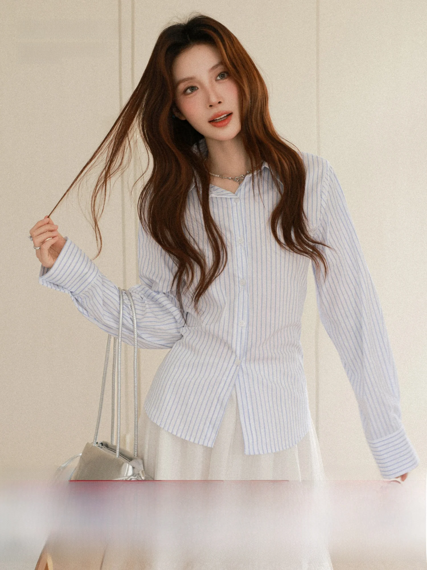 

High Neck Striped Long Sleeve Shirt Women's Early Spring New Style Belt Design Commute Slimming Versatile Top