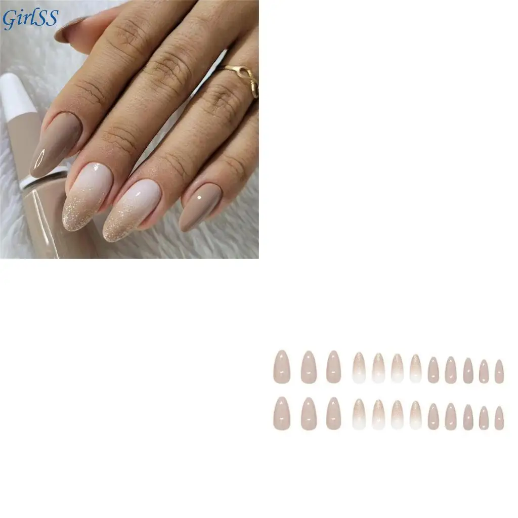 24pcsがネイルナチュラルグラデーションフランスのアーモンド形状の虚偽の爪を毎日のオフィス摩耗のためのグリッターでfalseアプリケーションt4mb