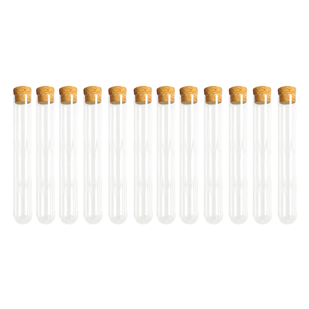 25 uds 15x150mm tubos de ensayo de plástico transparente botella recargable con tapones de corcho contenedor de muestra experimento escolar de