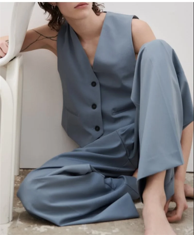 Women Suits Set 2 Pcs Vest Tops+Straight Wide Leg Pants Blue Grey Cotton Formal Office Sleeveless Top Casual Daily Wear In Stock