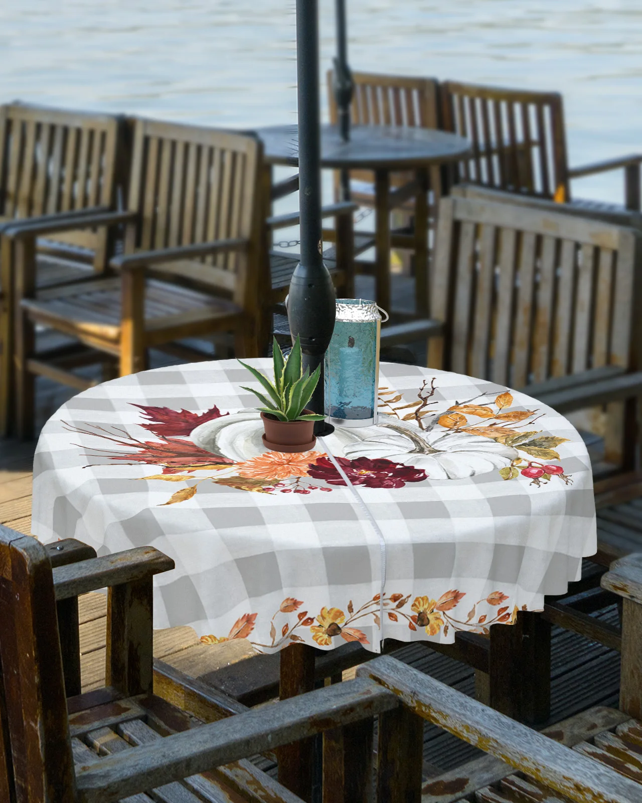 Autumn Pumpkin Maple Plaid Outdoor Tablecloth with Umbrella Hole Zippered Waterproof Table Cloth Picnic Patio Round Table Cover