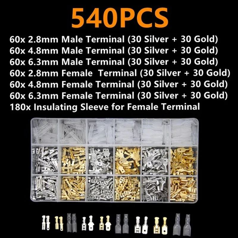 

540 шт., мужские и женские голые клеммы 2,8/4,8/6,3, вставка, язычковая вставка, клеммные колодки с оболочкой, набор пар для мужчин и женщин