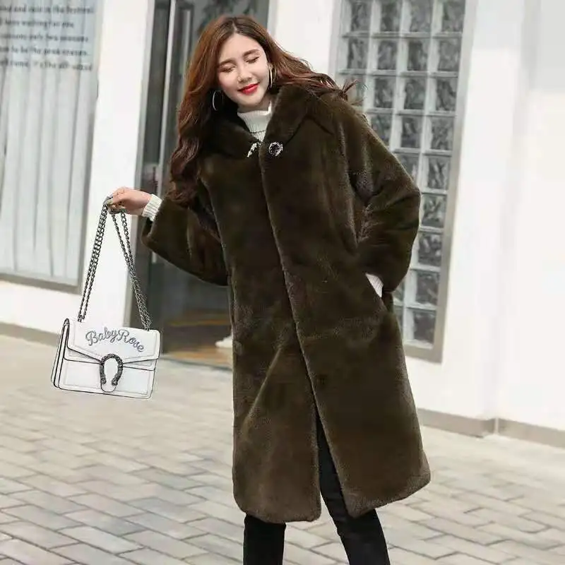 Spring Style Imitation Rex Rabbit Fur Mink Velvet Fur Coat Autumn and Winter Women's Mid-length Thickened Warm Hooded Coat