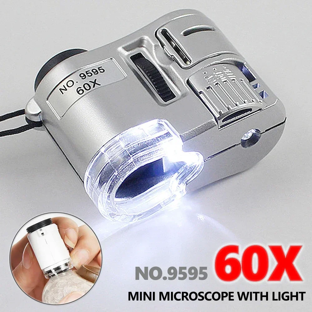 

60X illuminated Magnifying Glass with Light lamp led Mini Pocket Microscope Portable Hand jeweler Magnifier Lupe loupe Tools