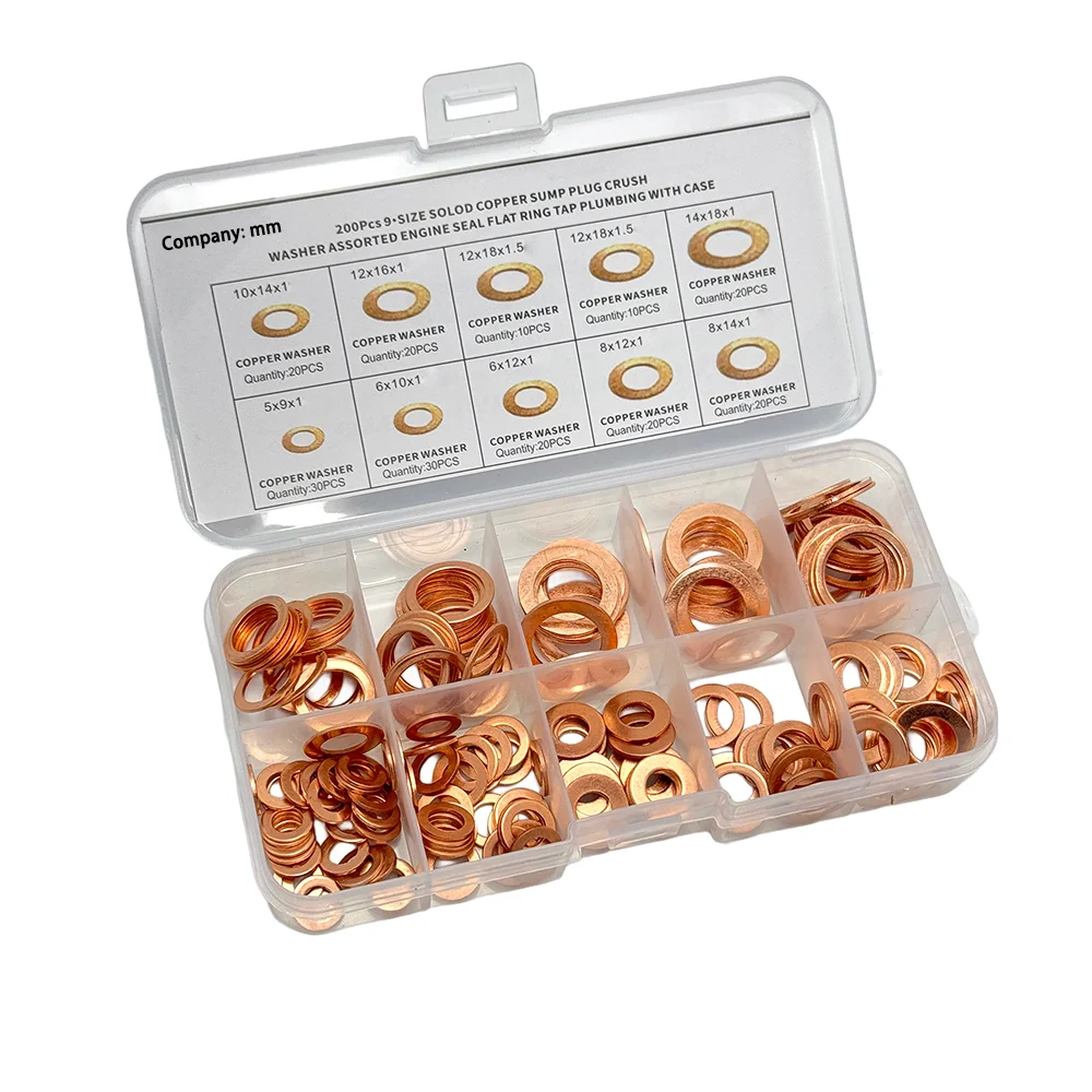 200pcs Copper Washer Gasket Nut & Bolt Set - Perfect For Sump Plugs - Includes Box & Assorted Sizes (M5/M6/M8/M10/M12/M14)