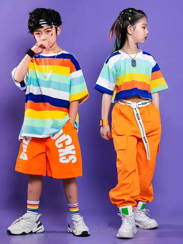 Haut court rayé pour filles, pantalon Cargo pour garçons, T-shirt Hip Hop arc-en-ciel, short de danse de rue ample, Streetwear pour enfants, Costumes de Jazz pour enfants