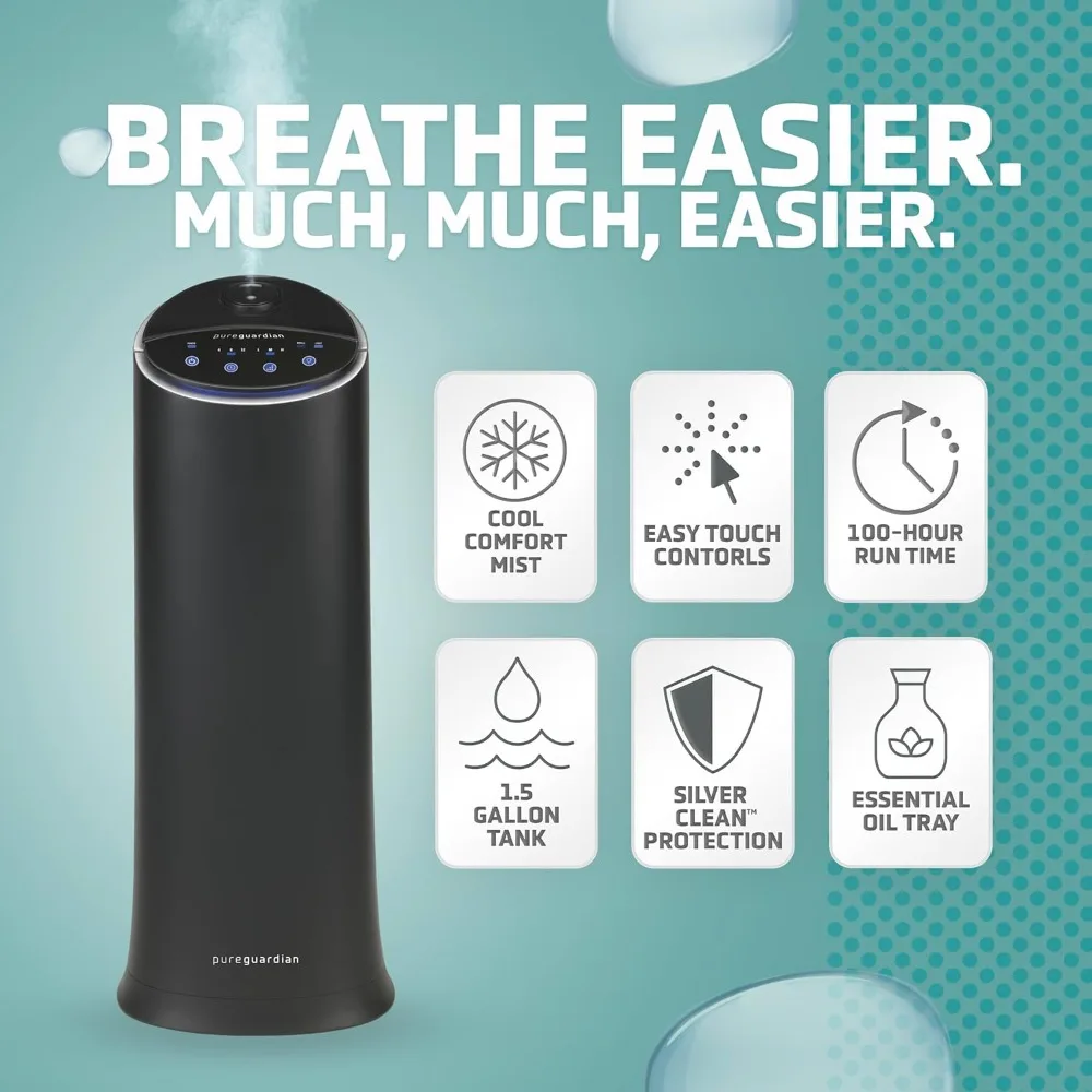 Ultrasonic Cool Mist Humidifier, 100 Hour Run Time, 1.5 Gallon Tank, 440 Sq. Ft. Coverage, Medium Rooms, Quiet,Filter Free,Black