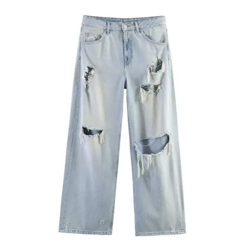 Withered American Vintage Old School Ripped Hole Decoration Mid Waist Loose Jeans Women's Denim Pants Woman Clothes Women's Jean