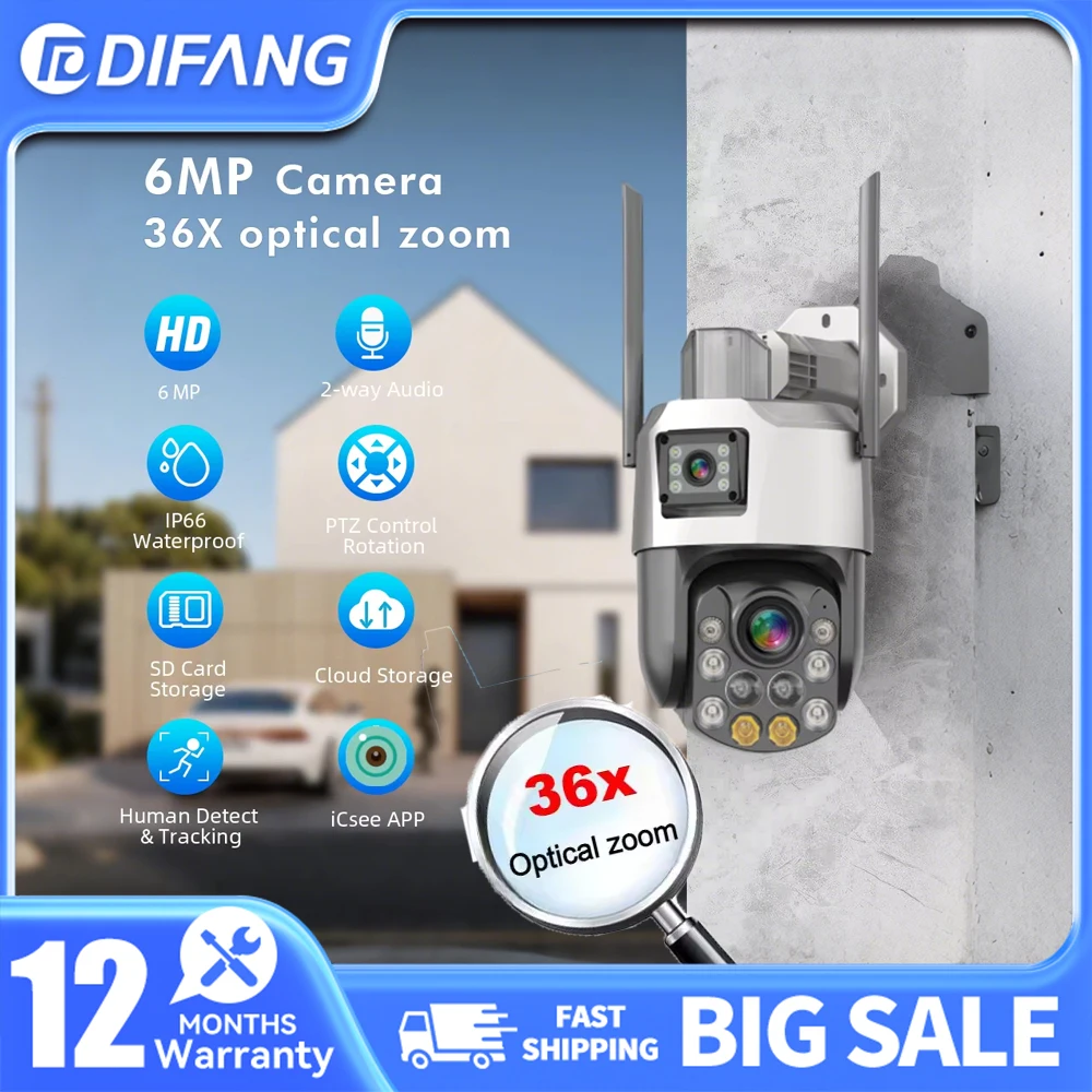 

DIFANG 36x Optical Zoom Outdoor Wireless Camera WiFi Security Camera ICSee 6MP 4K Wide Angle Dual Lens Night Vision 150 Meters
