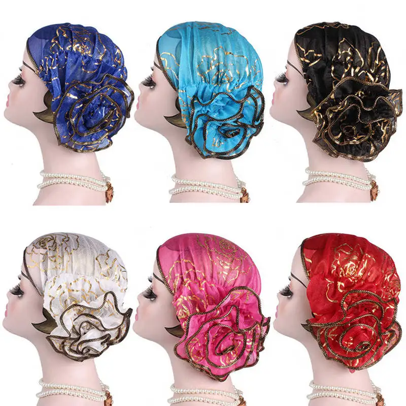 Turbante musulmán de flores grandes para mujer, pañuelo para la cabeza, gorra de moda islámica, turbante elegante para mujer