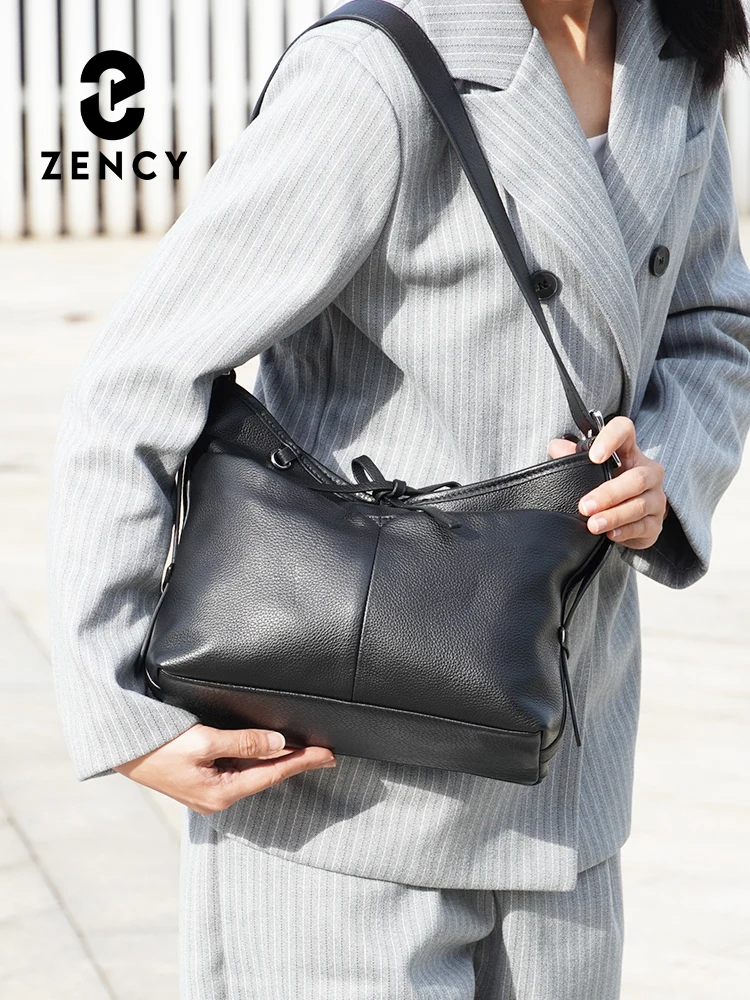 

Zency Women Handbag Soft Genuine Leather Black Shoulder Bag with Front Open Pocket
