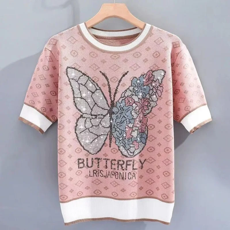 2024 New Summer Sweet Short Sleeve T-shirts Women\'s Knitted Loose Pullover Chic Animal Printed Letter Diamonds Round Neck Tops