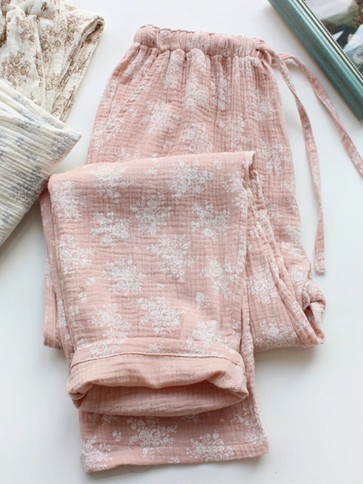 New Women's Spring Autumn Pure Cotton Shantung Sleepwear Thin Double Layer Cotton Yarn Casual Home Pants Long Loose Floral