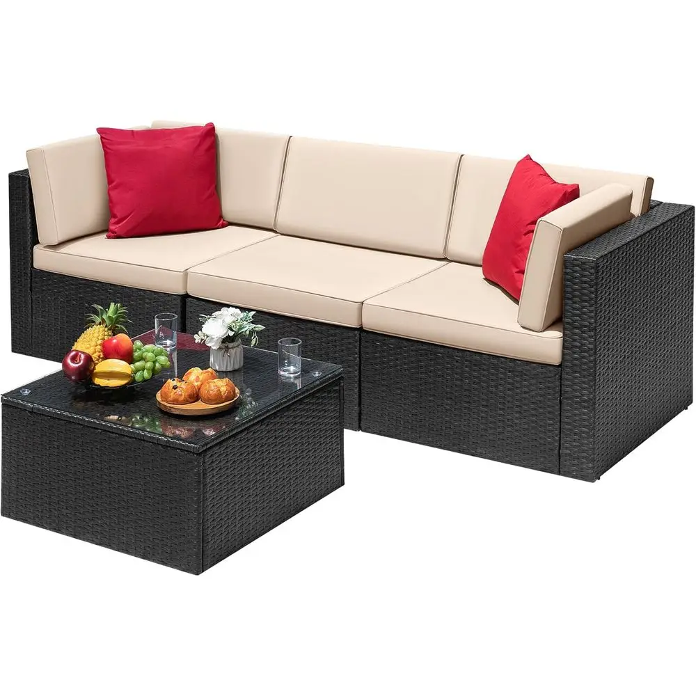 

Всепогодный уличный секционный комплект мебели из ротанга с подушками и стеклянным столом (бежевый)