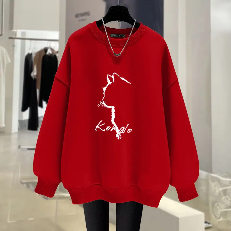 Autumn Winter O-neck Capless Top Pullovers Vintage Loose Casual Long Sleeve Sweatshirts Women Clothing Cartoon Printed Hoodies