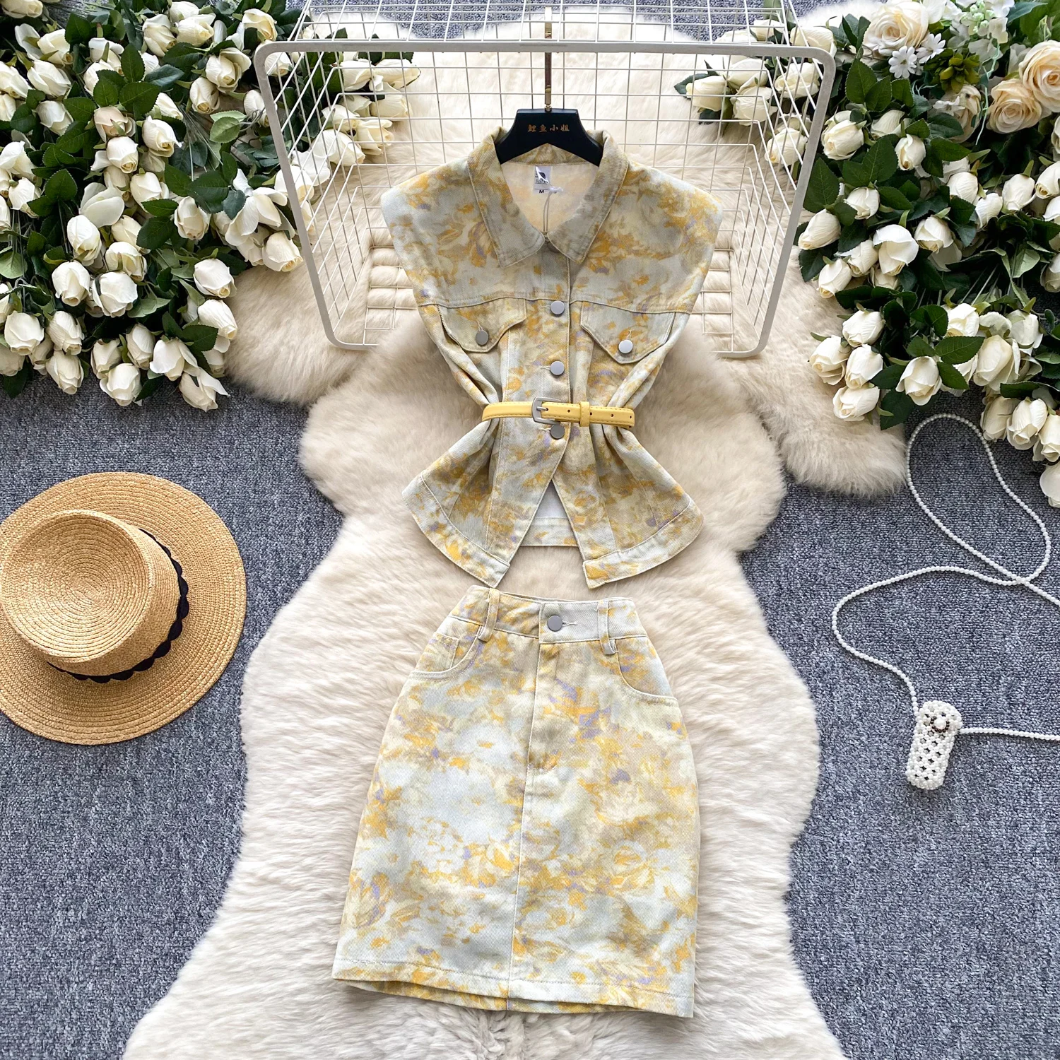 Printed Denim Skirt Set For Women Summer High-Class Style Polo Neck Sleeveless Print Tops + Denim Pack Hip MIni Skirts Suits