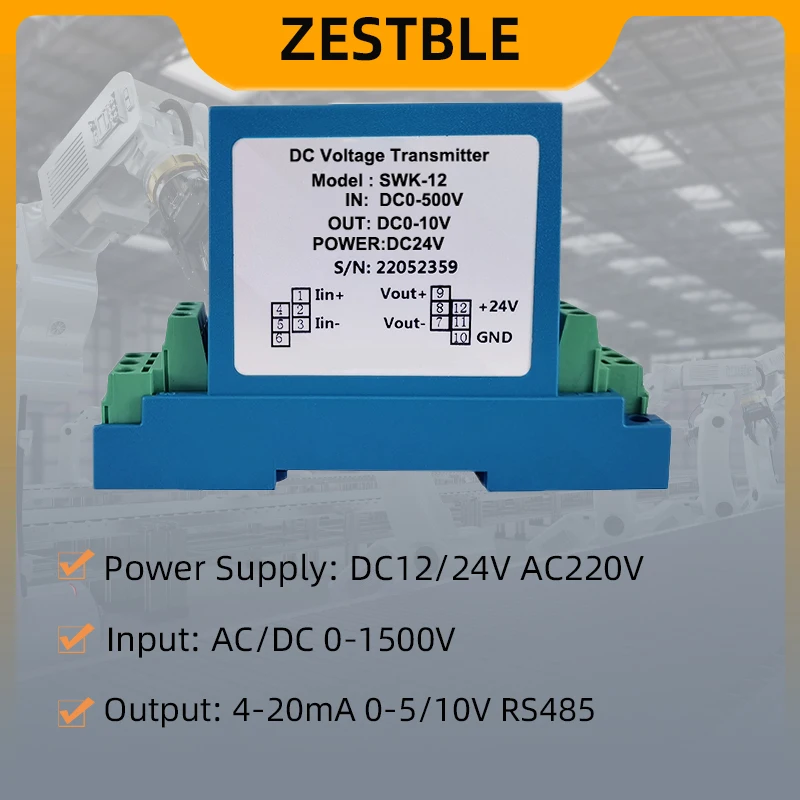 ZA-K12 DC Voltage Transmitter 5V/10V/50V/100V/200V/500V/1000V Transducer 4-20mA 5V 10V Output DC24V Power Supply Voltage Sensor